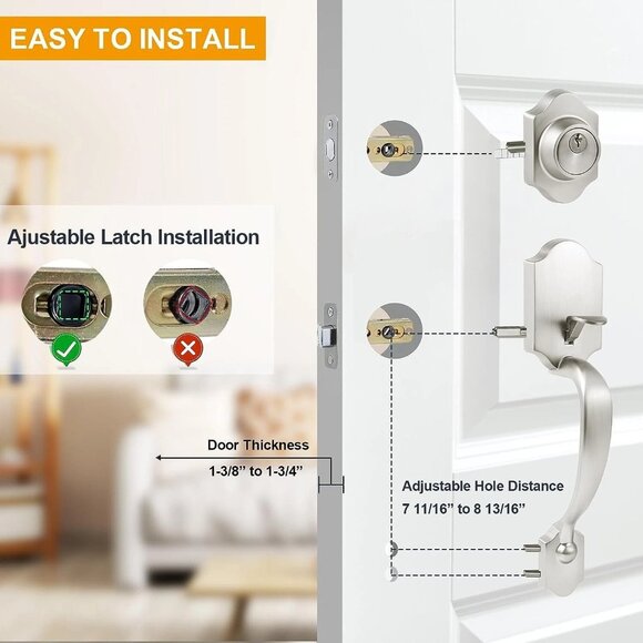 Front Door Handle with Single Cylinder Deadbolt and Crystal Brushed Nickel - Picture 4 of 6